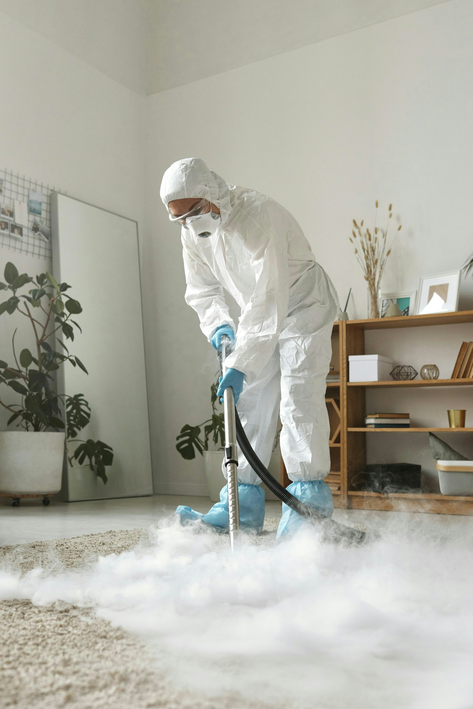 A technician cleaning carpet in a residential interior